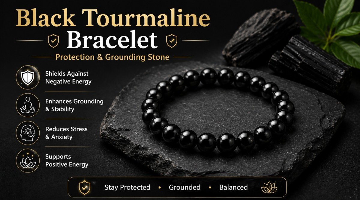 Natural crystal beads demonstrating black tourmaline bracelet benefits for shielding the wearer against draining and unwanted energies.