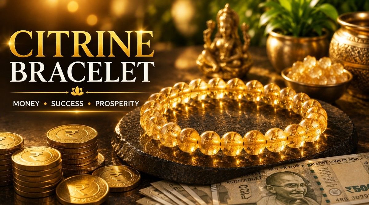 Citrine Bracelet Benefits for Money, Success & Prosperity 1 Natural golden citrine crystal beaded bracelet placed with money coins and notes for prosperity and abundance