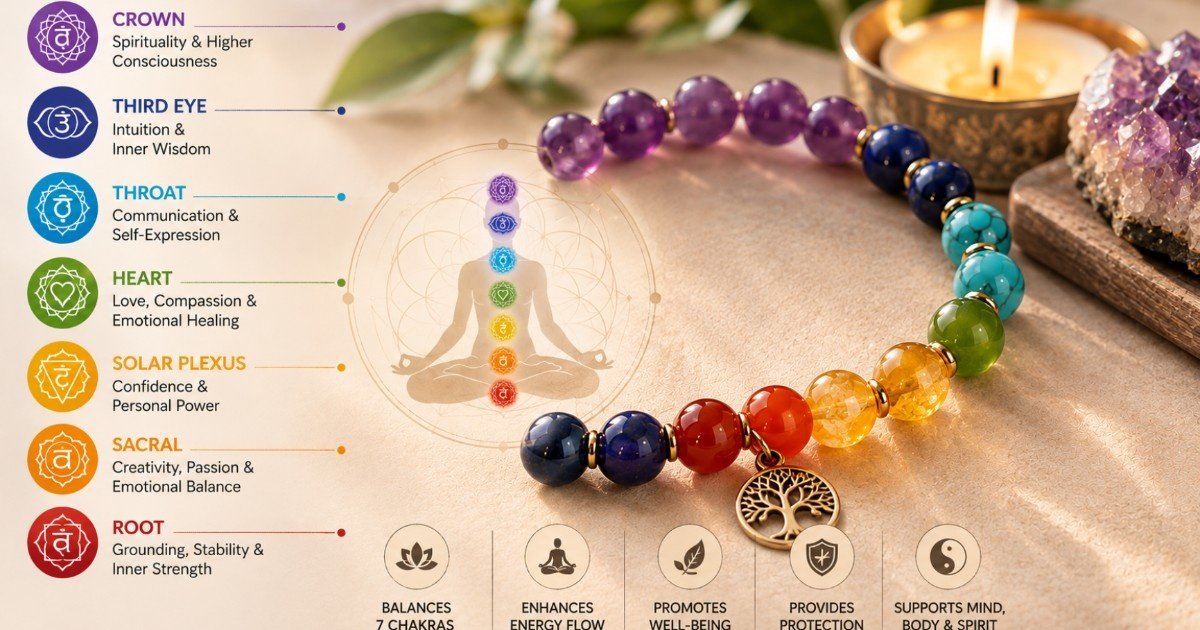 A complete multi-colored crystal wristband demonstrating 7 chakra bracelet meaning benefits uses and how to wear it for whole body energy balance.