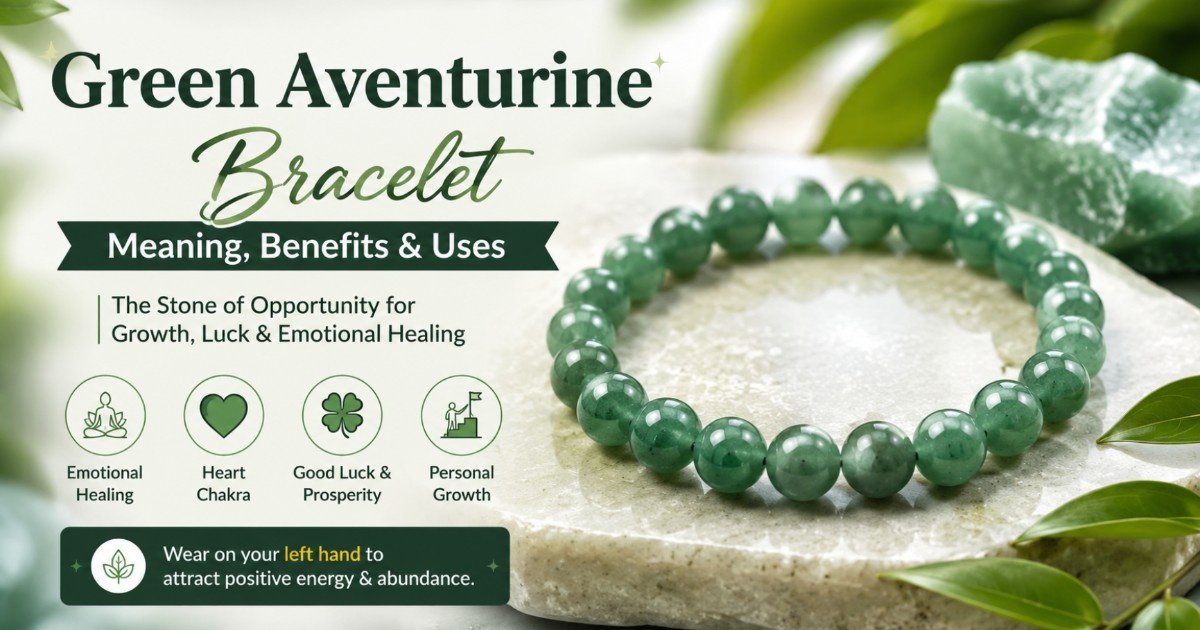 Green Aventurine Bracelet: Meaning, Benefits & Uses 1 A green aventurine bracelet made from polished quartz beads showcasing its natural gleam and soothing heart healing energy.