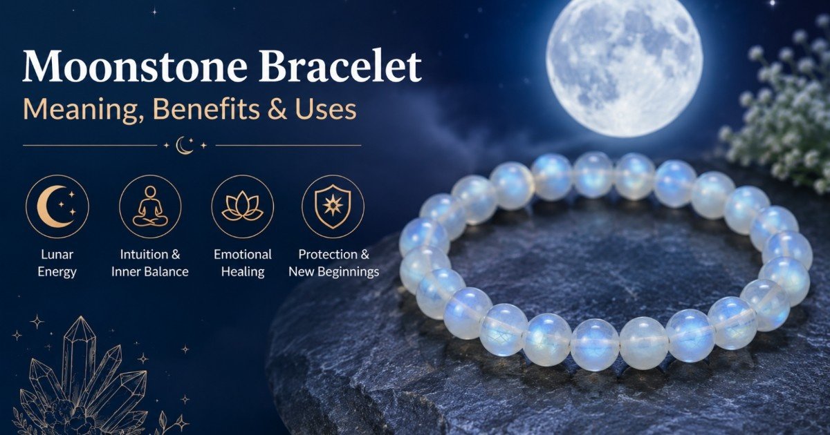 Moonstone Bracelet: Meaning, Benefits & Uses 1 A polished moonstone bracelet displaying shifting adularescence light like water under sunlight for meaning benefits and uses.