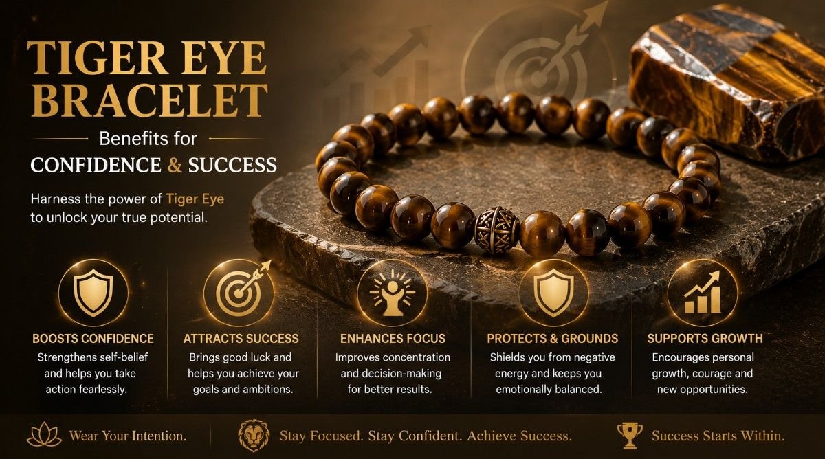 A golden-brown gemstone band demonstrating tiger eye bracelet benefits for confidence and success with a natural shifting shine.