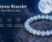 A polished moonstone bracelet displaying shifting adularescence light like water under sunlight for meaning benefits and uses.